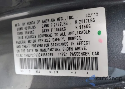 2012 Honda Accord 2.4 Se from USA, damaged, VIN 1HGCP2F63CA095069
